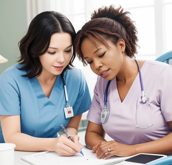 Two nurses collaborating on a piece of paper.