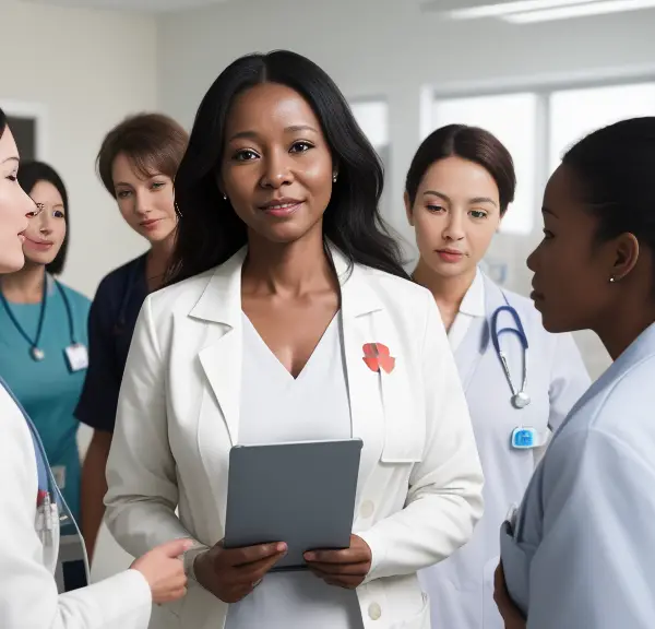 A group of doctors discussing the process of returning to nursing after a long absence.