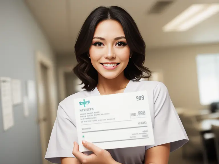 A nurse is holding up a check in an office, wondering how often nurses get paid.