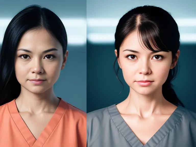 Two asian women in scrubs looking at the camera, one possibly a radiology tech and the other potentially a nurse.