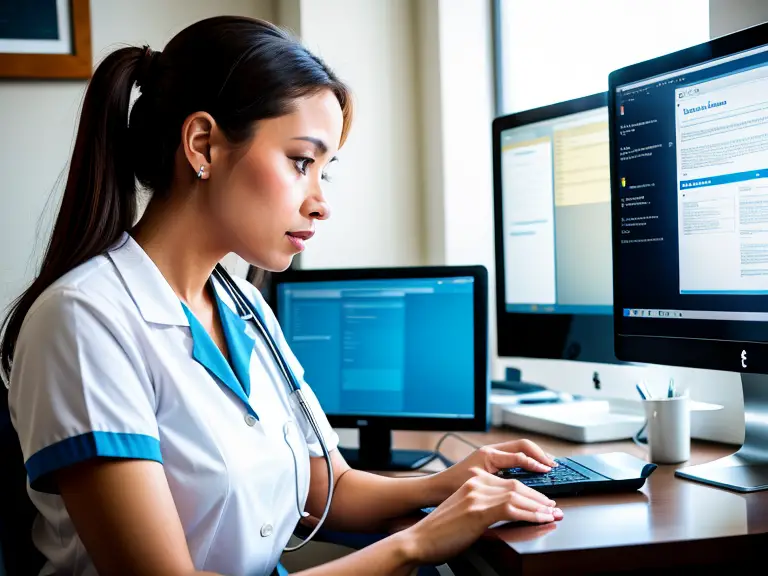 A female nurse is diligently working on a computer to ensure accurate results for the NCLEX exam.