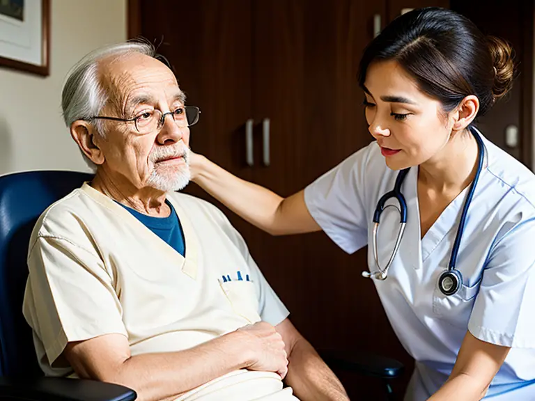 A nurse is talking to an elderly man in a chair about his diabetic toenails.