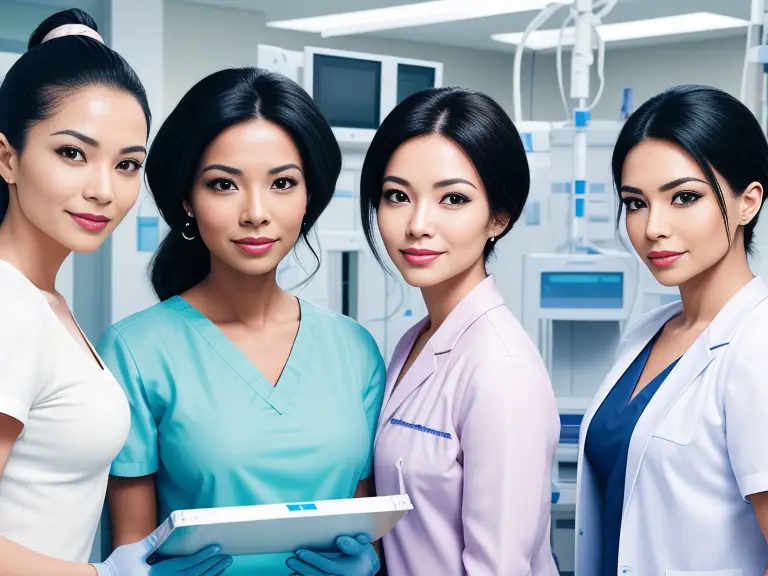 A group of asian nurses posing for a photo at work.