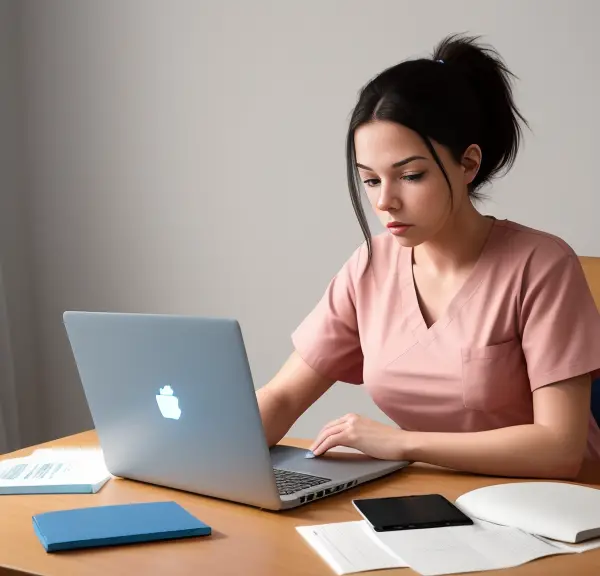 A nurse sitting at a desk with a laptop, studying for the New Generation NCLEX.