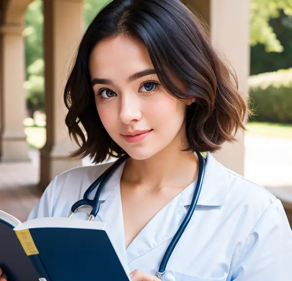 A female nurse Similar a book and a stethoscope.