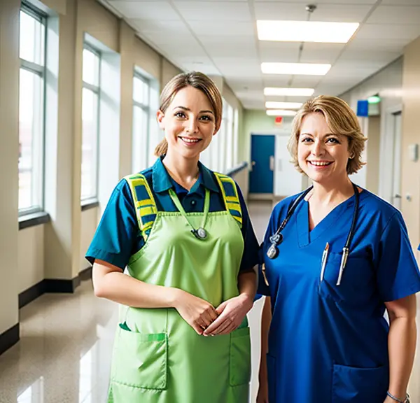 A nurse and a paramedic nurse wearing scrubs and standing in a hallway at the same time.