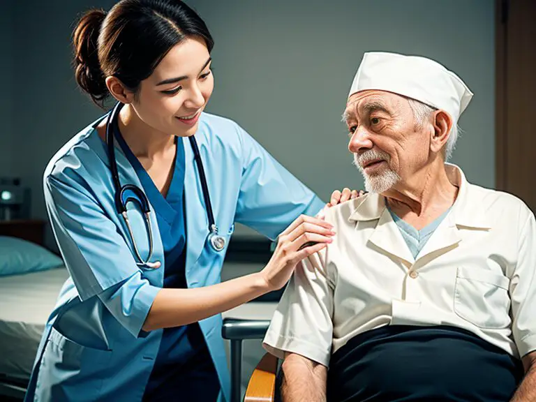 A nurse is carefully tending to an elderly man in a hospital bed.