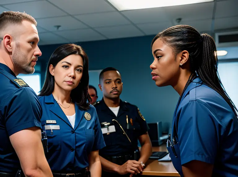 Three cops and a nurse talking to each other in an office while discussing their work and sharing opinions.