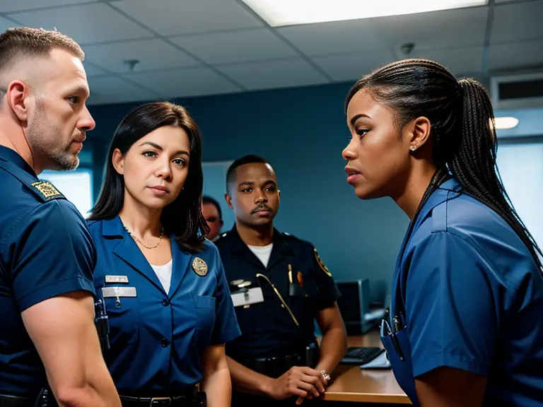 Three cops and a nurse talking to each other in an office while discussing their work and sharing opinions.