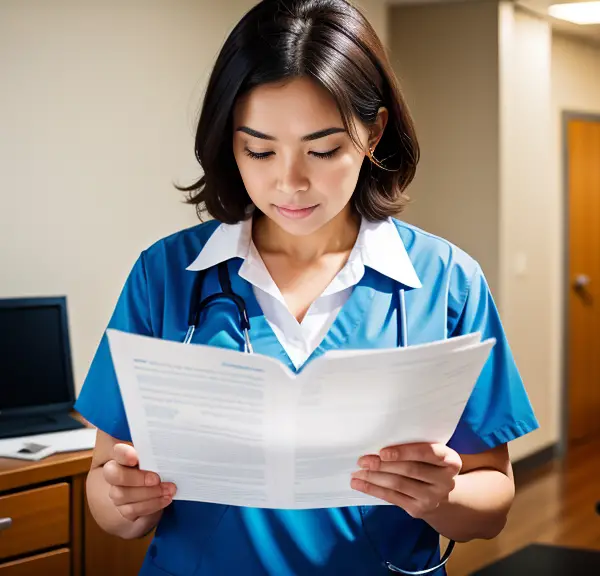 A female nurse is reading a document in an office, checking if her NCLEX certification expires.