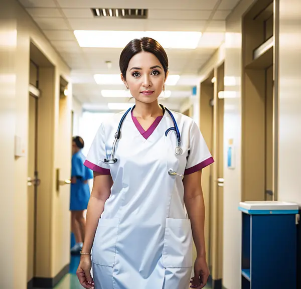 A new nurse standing in a hallway, wearing a stethoscope, looking forlorn.