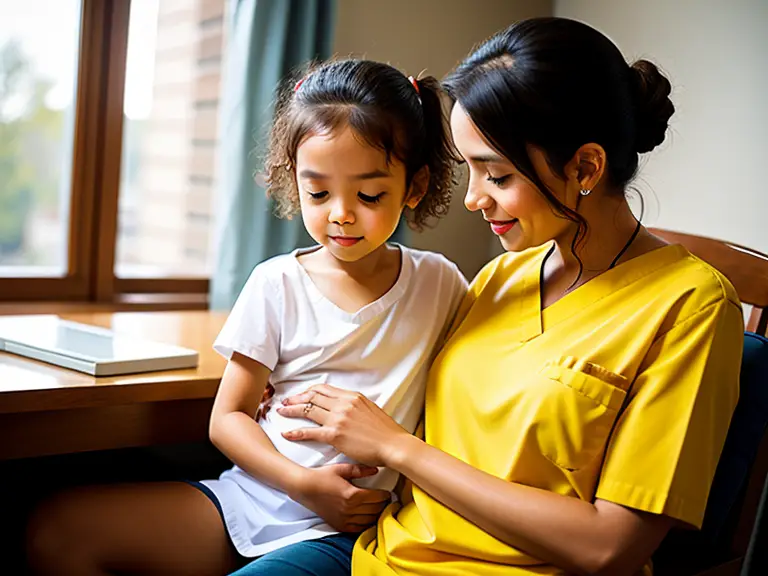 A mom and child sitting on a table.