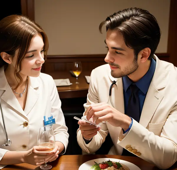 A man and a woman, both wearing white coats, sitting at a table discussing the pros and cons of dating a nurse.