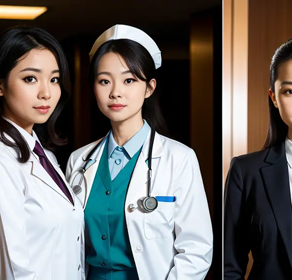 Three asian women in medical uniforms posing for a photo, contemplating career choices between nursing and law.