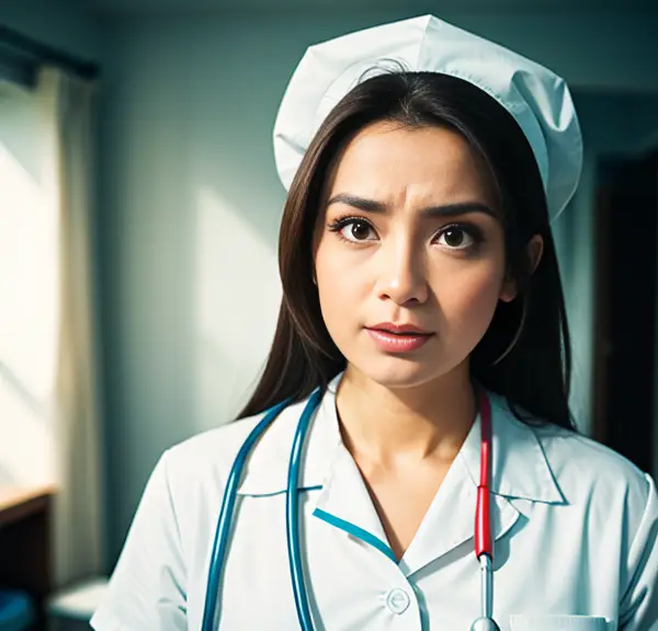 A nurse is standing in a room with a stethoscope, contemplating nursing school.