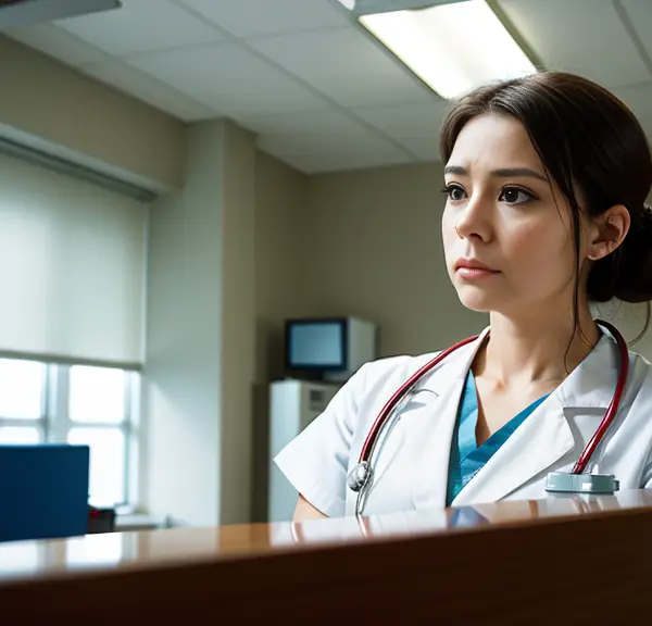 A woman in a lab coat is looking at a stethoscope while pondering the implications of failing a drug test as a nurse.