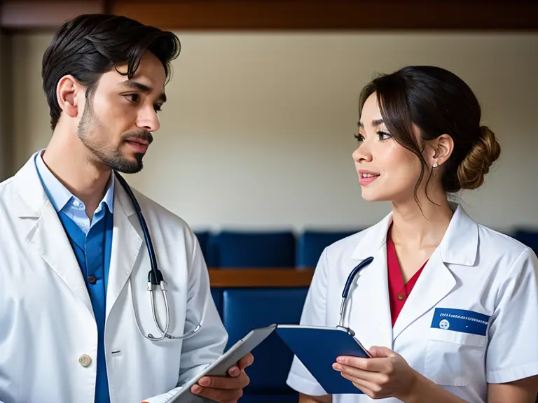 A doctor and nurse, dressed in white lab coats, the nurse is refusing a doctor's order.