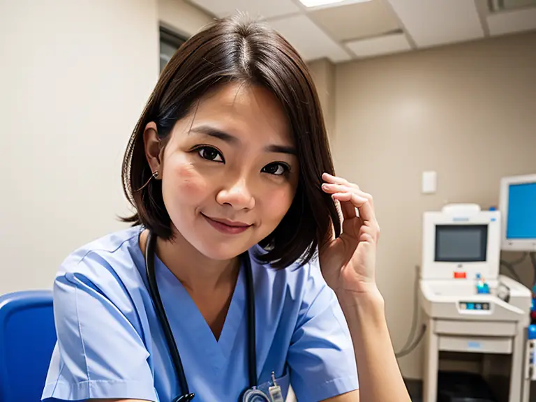 A shy woman in blue scrubs smiling.